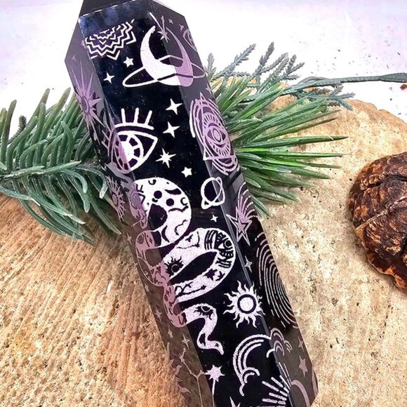 Nature Obsidian Engraved Purple Spiritual Symbols 4" Wand Point - Picture 6 of 10